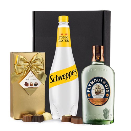 Plymouth Gin 70cl with Schweppes Tonic & Chocolates Gift Box | Spirit Mixer Set
